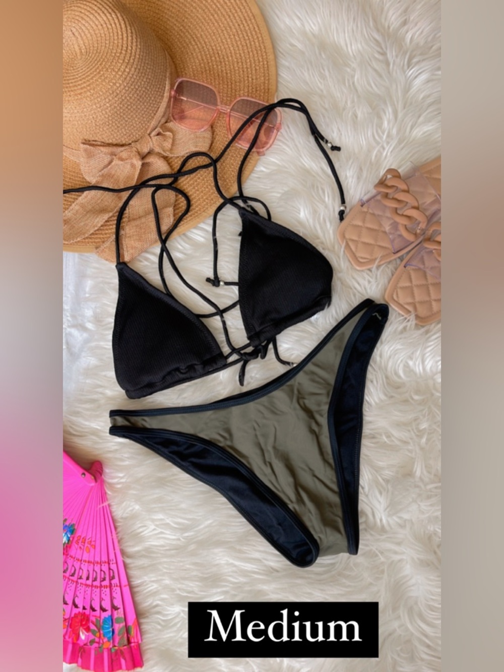 Black Ribbed Triangle Bikini Top with Olive Reversible Bottom - Women Swim